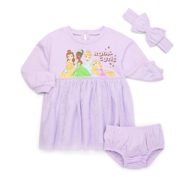 New! Disney Baby 3 Piece Princess Dress Diaper Cover and Headband Bow Set - Picture 2 of 10